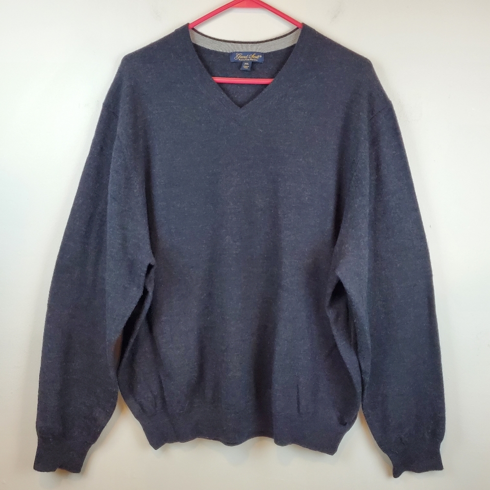 Garret Scott 100% Extra Fine Merino Wool Sweater Mens XXL Gray Knit Vneck